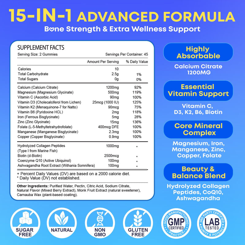 180 Count Calcium Citrate Gummies 1200 mg with Vitamin D3, K2, Magnesium & Zinc, High Absorption Calcium Supplements for Women & Men for B0ne, Muscle & Immune Support, Sugar Free, Mixed Berry Flavor 90 Count (Pack of 2)