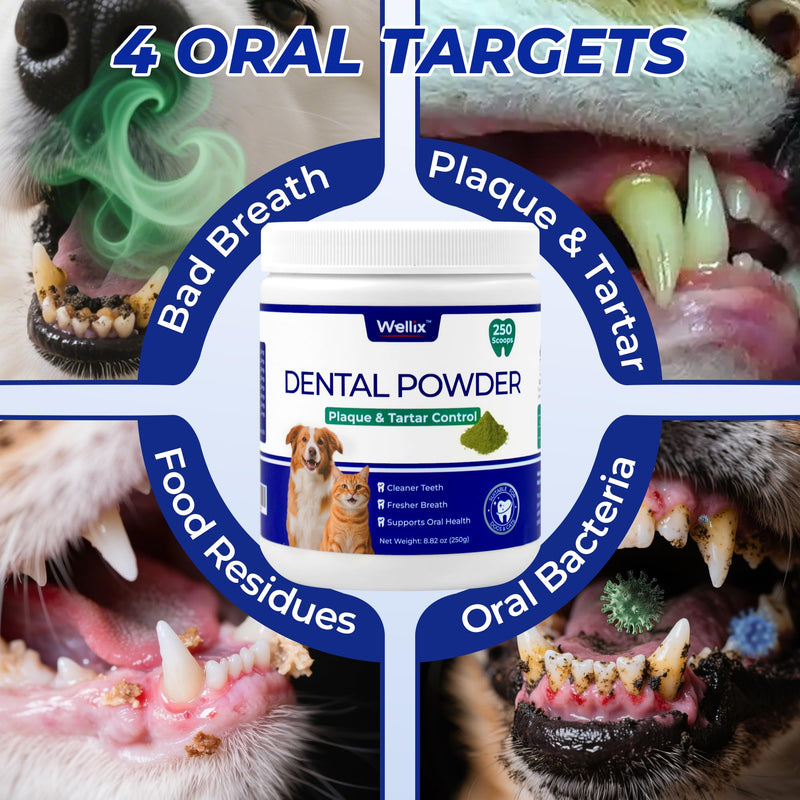 Wellix 250g Dog Teeth Cleaning Powder - Dog Dental Care Powder and Cat Breath Freshener - Plaque and Tartar Remover with Enzymes & Mint for Dogs & Cats of All ages and Breeds