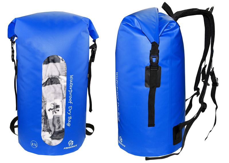 Freegrace Waterproof Dry Bag Set of 3 - Submersible Dry Sack with Double Zip Lock Seals - Includes Waist Pouch & Phone Case - Perfect for Kayaking, Swimming, Boating & Rafting (Window, Navy Blue, 35L) Window