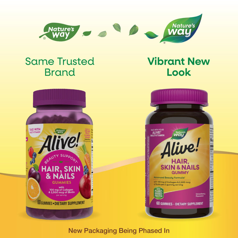 Nature's Way Alive! Hair, Skin & Nails Gummies, Advanced Beauty Formula*, with Biotin and Collagen, Strawberry Flavored, 60 Gummies (Packaging May Vary) (Pack of 2) 60 Count (Pack of 2)