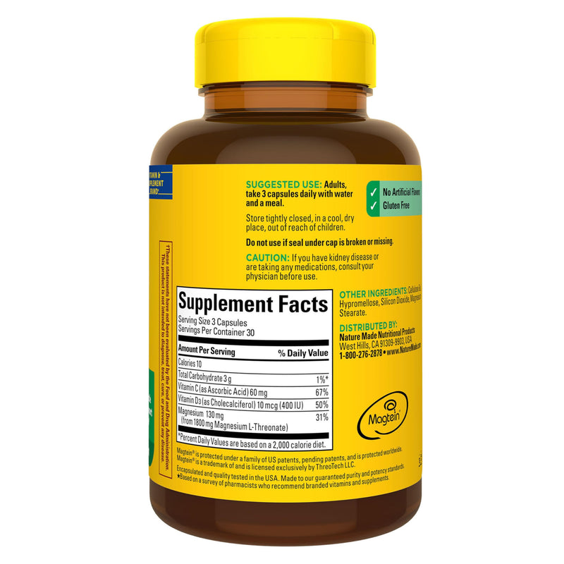 Nature Made Magnesium L-Threonate with Vitamin C & Vitamin D3, 90 Capsules | Provides 130 mg of Mag from 1800 mg Magnesium L Threonate, Cognitive Support Magnesium Supplement, 30 Day Supply 90 Count (Pack of 1)
