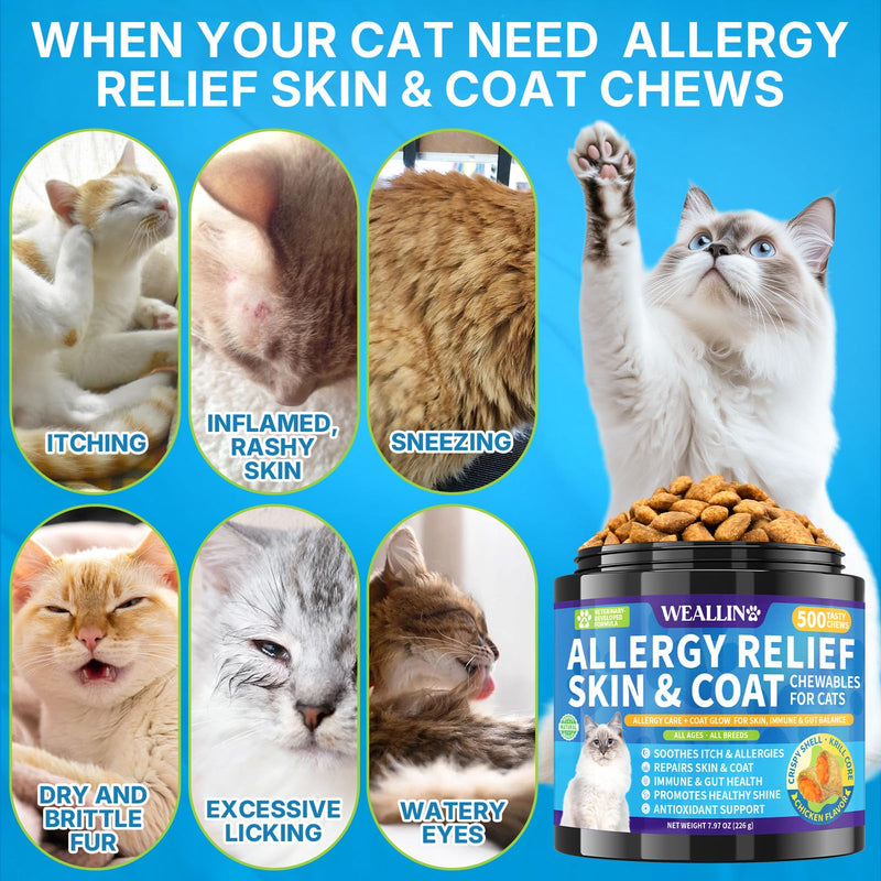 WEALLIN Taurine for Cats Vitamins Treats & Allergy Relief Chews for Cat Bundle, 2 x 500 Crunchy & Krill Core Chews for Heart Vision Immune Digestion Skin Coat & Itch Support