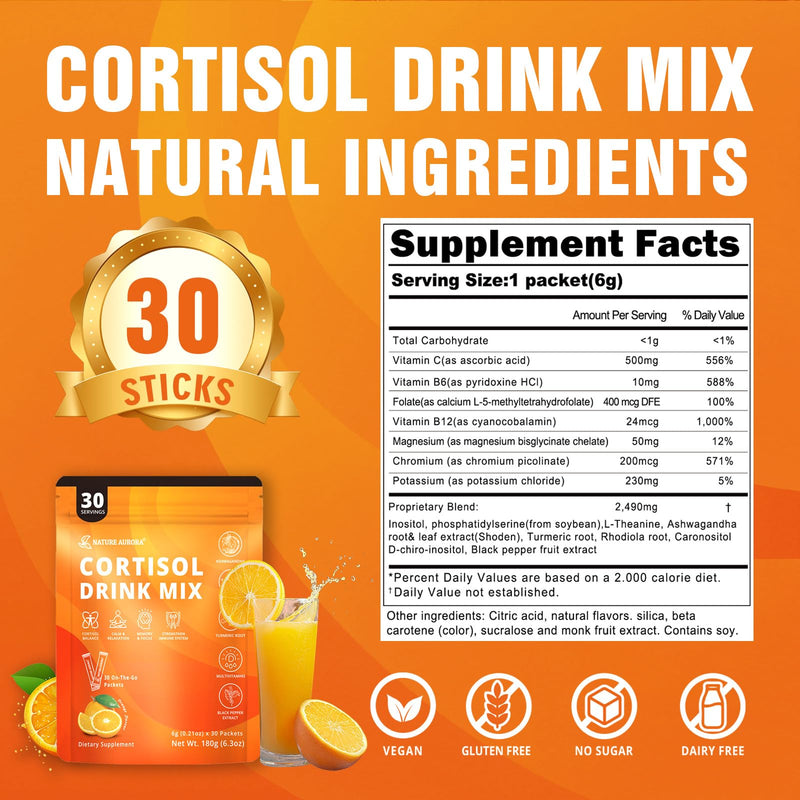 Cortisol Drink Mix Powder with Magnesium Glycinate, L-Theanine, Ashwagandha & Vitamin For Relax, Focus & Calm, Natural Cortisol Supplement for Women and Men, Orange Flavor, 30 Sticks