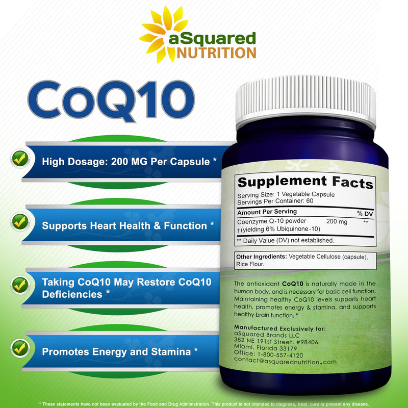 CoQ10 200mg - 60 Capsules - Co Q 10 Supplement - Coenzyme Q10 Pills - CQ10 | Extra Strength CoQ 10 - High Absorption Ubiquinone Powder - CO Q-10 Enzyme Alternative to Gummies & Softgels 60 Count (Pack of 1)