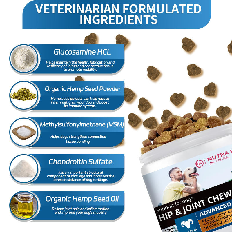 Hip & Joint Chews for Dogs, Advanced Mobility Support with Glucosamine & MSM, Natural Lamb Flavor, 120 Soft Chews