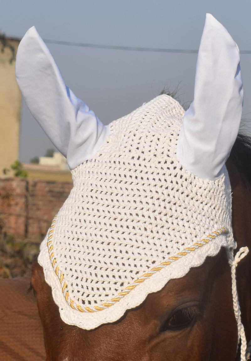 Horse Ear Bonnet Ear Net Hat Fly Bonnet Hood Mask Fly Veil Full Hand Made Cotton (Pony, White) Pony - BeesActive Australia