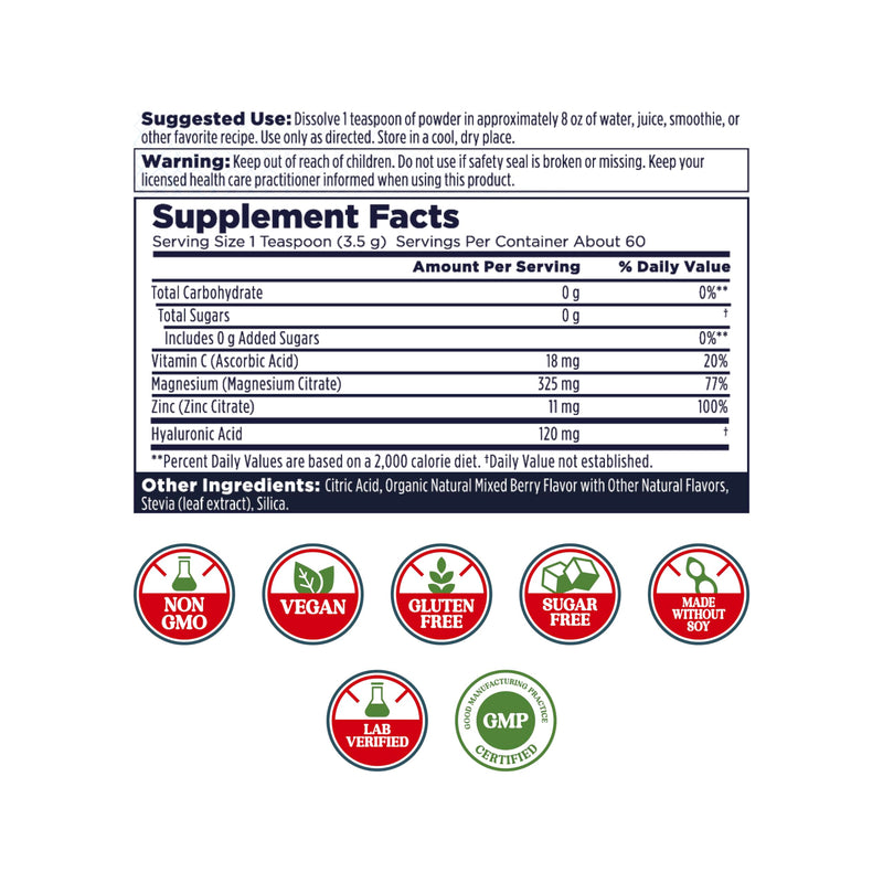 KAL Radiant Magnesium Powder, Mixed Berry, 7.3 oz | Skin, Antioxidant & Relaxation Support, Magnesium Citrate, Hyaluronic Acid, Vitamin C, 60 Servings, Sugar Free & Lab Verified