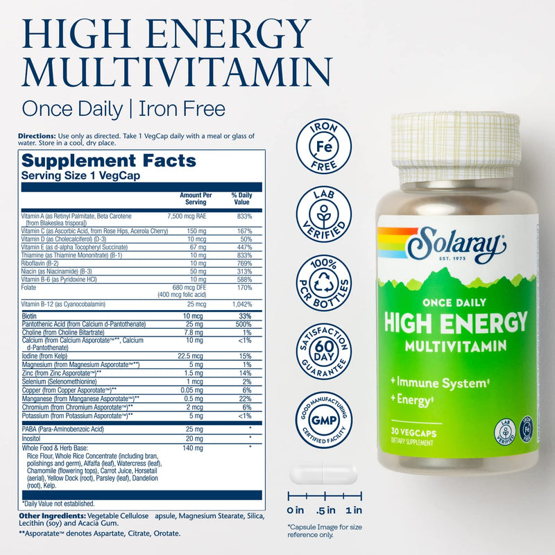 SOLARAY Once Daily High Energy Multivitamin, Iron Free, Immune System and Energy Support, Whole Food and Herb Base Ingredients, Mens and Womens Multi Vitamin (30 Servings, 30 VegCaps) 30 Count (Pack of 1)