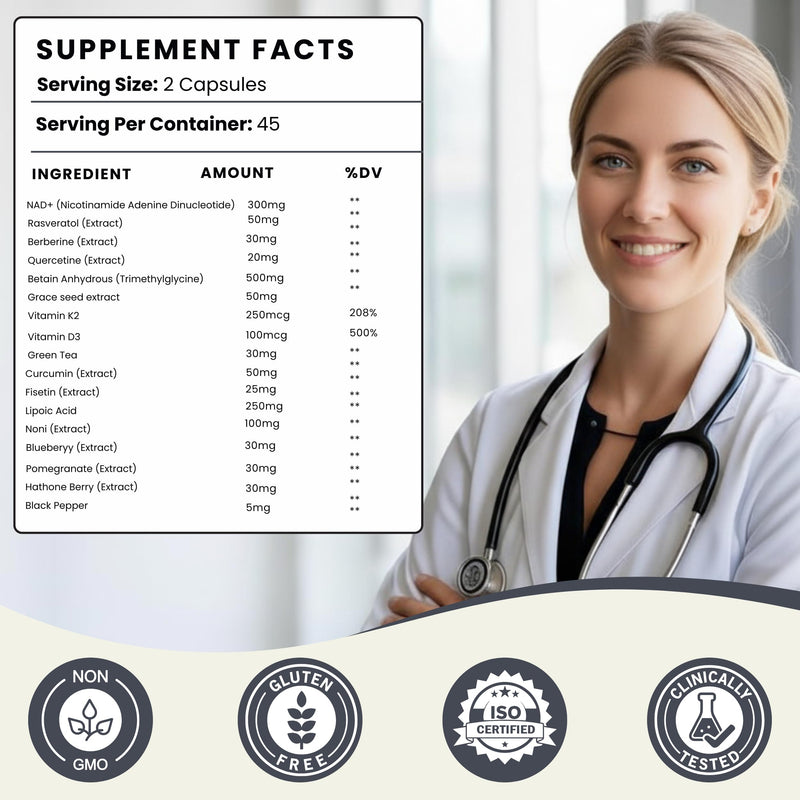 NAD+ Resveratrol Supplement for Energy, Cellular Health & Healthy Aging – High Potency NAD Plus Capsules for Men & Women – Antioxidant Support (180 Count (Pack of 1))