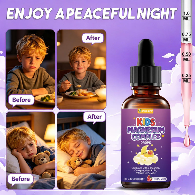 2 Pack Kids Magnesium Liquid Drops -Magnesium Glycinate Liquid for Kids Supplement-w/L-theanine Omega-3 PS Zinc Vitamin B6 D3 for Sleep Relaxation Brain Bones Immunity - 2 Fl Oz, Strawberry Flavor