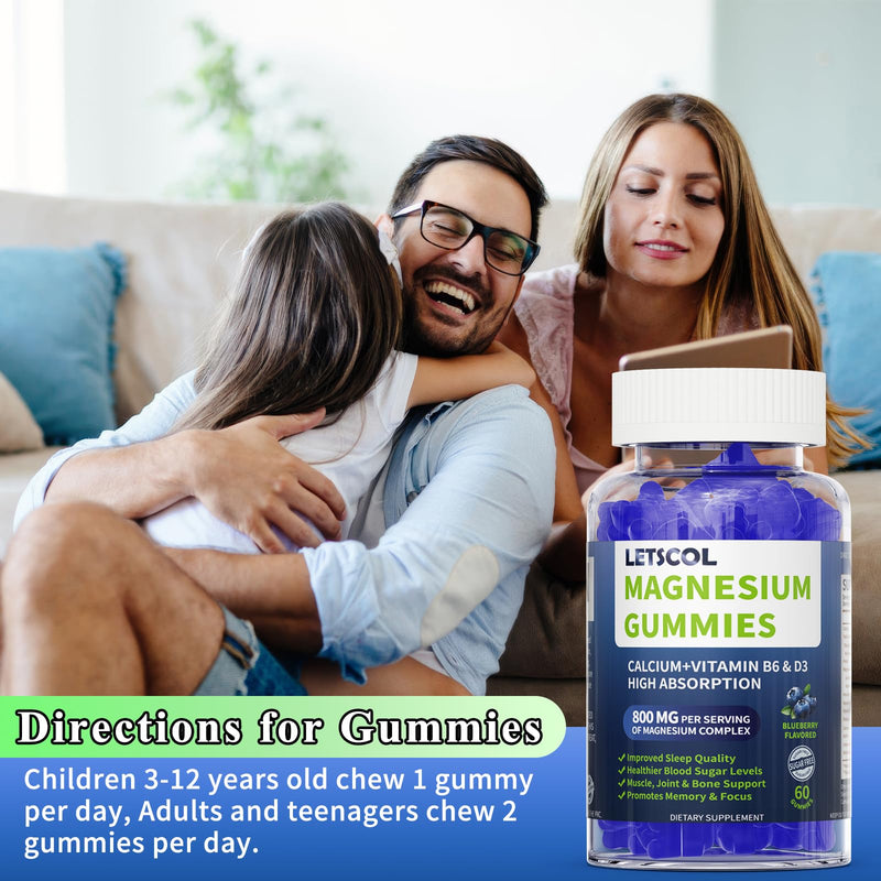 Magnesium Glycinate Gummies, Sugar Free Magnesium Supplement with Magnesium Malate, Calcium, Vitamin D3, B6, CoQ10 for Calm Support & Sleep for Adults Kids Blueberry 60 Count (Pack of 1)