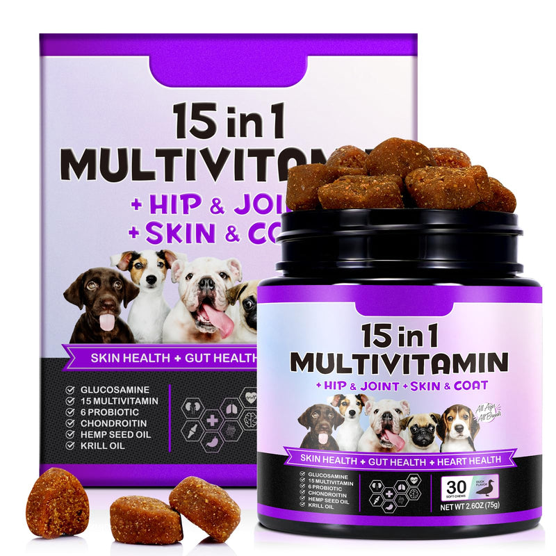 15 in 1 Dog Multivitamin Treats, 30 Chews Vitamins Supplements for Dogs, Dog Supplements, Hip & Joint Supplements, Immune System, Skin & Coat, vitamins for dogs for All Breeds and Ages 30 chews 15 in 1 Dog Multivitamin Treats