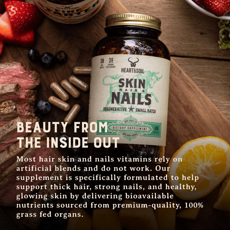 HEART & SOIL Hair Skin & Nails Supplement, 180 Capsules | 100% grass fed & finished from regenerative cattle with cartilage, liver & bone marrow. 3000mg beef organs. Skin, Hair & Nails