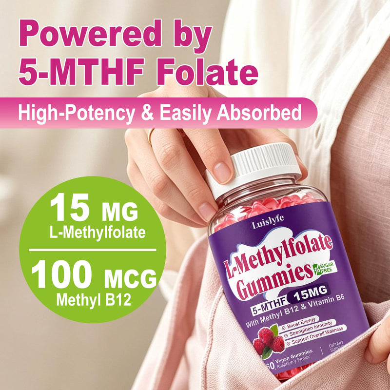 2 Pack L-Methylfolate 15mg Gummies & Methyl B12, High Absorption Active Folate 5-MTHF Supplement for Cognition, Mood & Immune, Sugar Free, Vegan, Non-GMO, Raspberry Flavor, 120 Count 60 Count (Pack of 2)