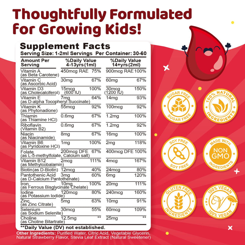 Liquid Iron Supplement for Kids, Kids Multivitamin with Iron Drops with Zinc, Vitamin B Complex, Folate - Support Blood Builder & Energy, Iron Deficiency for Women, Men, Vegan Strawberry 4 Fl Oz 2 Fl Oz (Pack of 2)