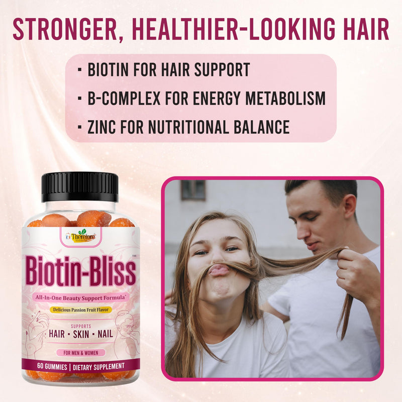 Therefore Hair Skin and Nails Gummies with Biotin 2500mcg, Collagen, Vitamin C, E & Zinc – Beauty Supplement for Women & Men – Daily Hair, Skin & Nail Wellness Support, 60 Gummies