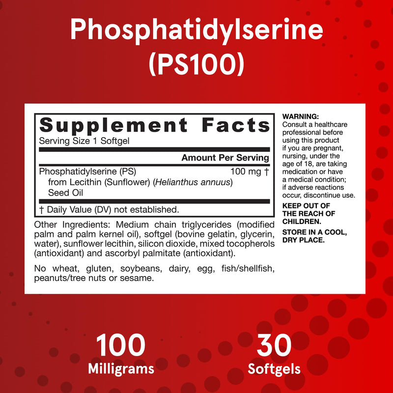 Jarrow Formulas PS100 Phosphatidylserine 100 mg, Dietary Supplement for Brain Health and Cognition Support, 30 Softgels, 10-30 Day Supply 30 Count (Pack of 1)