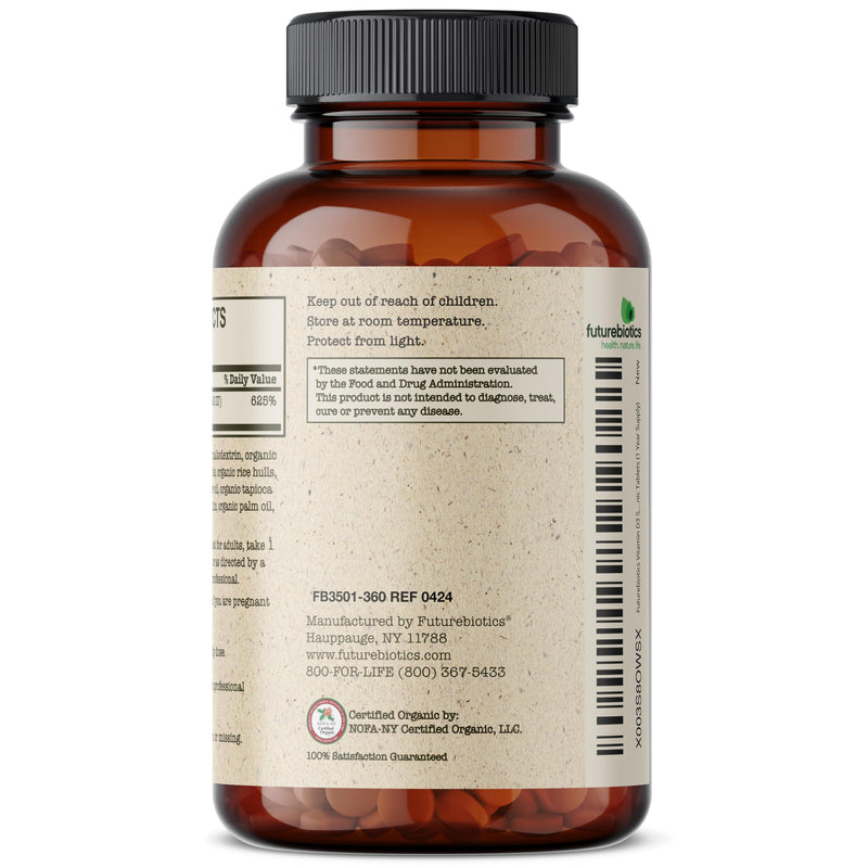 Futurebiotics Vitamin D3 5,000 IU (125 MCG), USDA Certified Organic Vitamin D Supplement, 360 Tablets