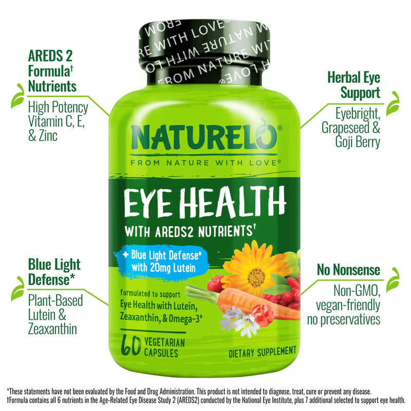 NATURELO Eye Vitamins, AREDS 2 Formula, 60 Vegan Capsules, 2 Pack | Nutrients with lutein, zeaxanthin, vitamin C, vitamin E, zinc, plus DHA, Supplement for Dry Eyes, Healthy Vision, Eye Support Unflavored 60 Count (Pack of 2)