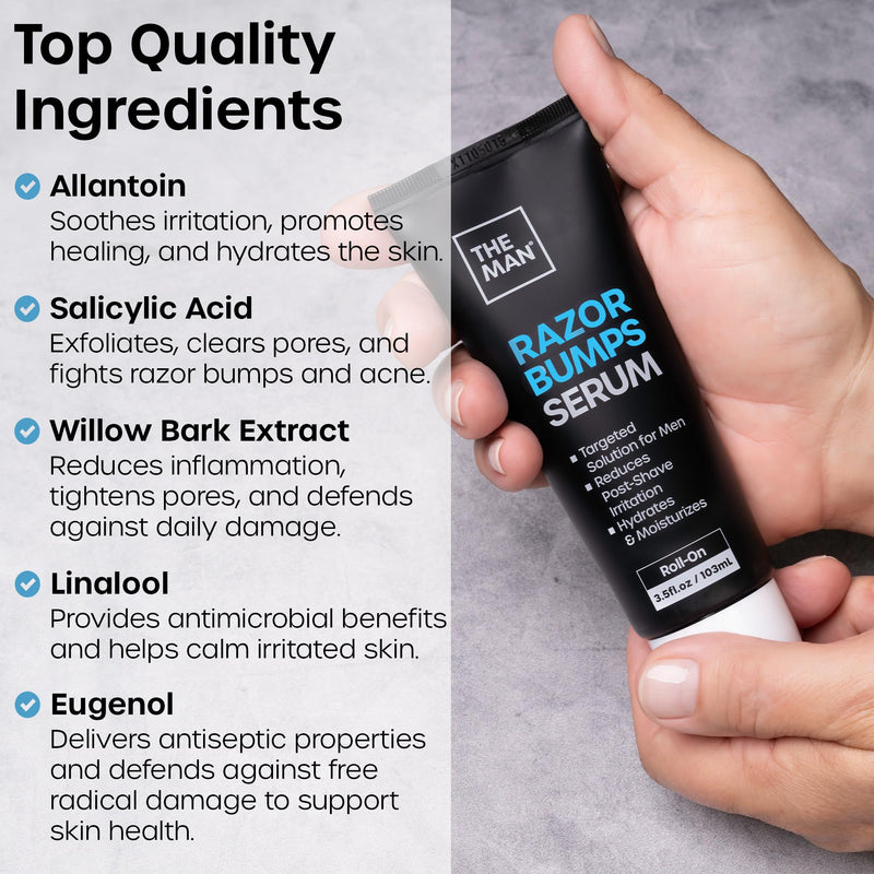 The Man Razor Bumps Serum - Ingrown Hair Treatment for Men - Razor Bump Treatment for Men - Face & Body After Shave & Razor Burn Treatment - Metal Roll On Soothes Skin & Calms Irritation (3.5fl.oz)