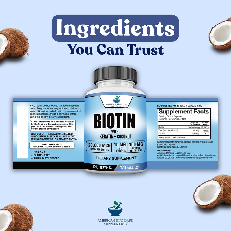 American Standard Supplements Biotin 20,000mcg with Keratin, Coconut Powder and Zinc, Biotin Supplement for Women and Men,120 Veggie Capsules, 120 Day Supply 120 Count (Pack of 1)