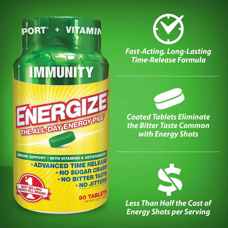 iSatori Energize Immunity Caffeine Pills All Day Energy - 90 Tablets | Vitamin A, B12, C, D, E, Antioxidants, Keto-Friendly, Daily Immune Support, Super Greens, No Jitters, Time-Released