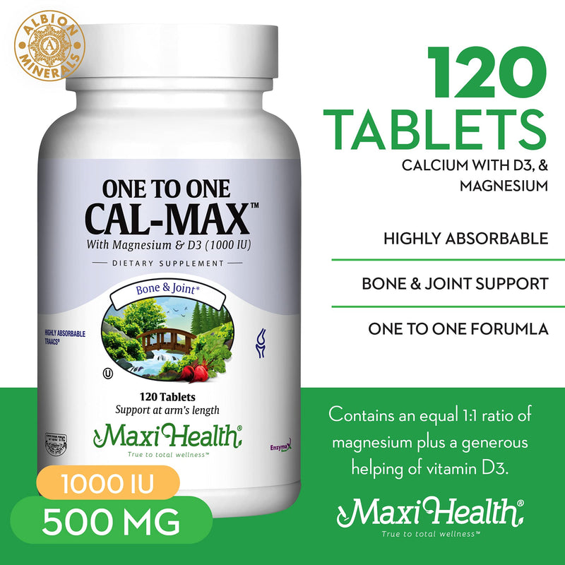 Maxi Health® Calcium Supplement 500mg with Magnesium & D3 (120 Tablets) | Kosher | 500mg Calcium, 500mg Magnesium & 1000 IU D3 | Bone, Teeth & Joint Support | Doctor Formulated Unflavored 120 Count (Pack of 1)