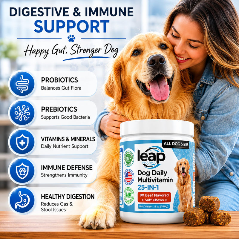 Multivitamins &Supplements for Dogs - Krill Oil, Omega 3,6,9, pre&probiotics, Essential Vitamins, for Hip & Joints, Skin &Coat,Digestive, Immunity Support (90 Chews)