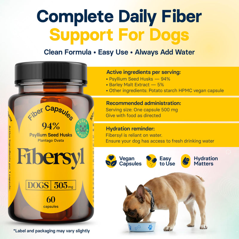 FiberSyl Prebiotics for Dogs Digestive Health - Dog Fiber Supplements for Constipation Relief & Support - Psyllium Husk Seed for Dog' Digestion Problems - Dog Stool Hardener - 60 Capsules