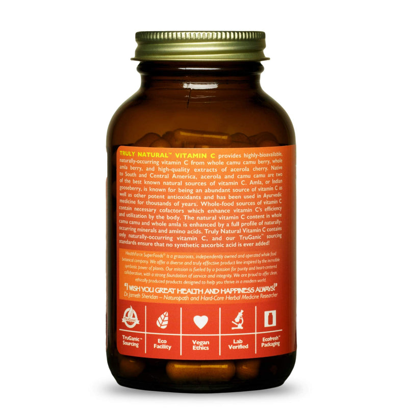 HEALTHFORCE SUPERFOODS Truly Natural Vitamin C - Immune Support Supplement with Camu Camu Berry - Vitamin C Supplement for Immune Health - Vegan, Non-GMO - 120 Vegan Caps, 15 Servings