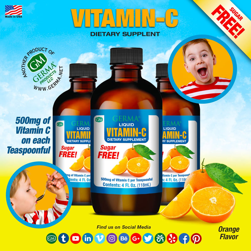 Germa Sugar-Free Liquid Vitamin C. 500 mg. Fast Absorption Dietary Supplement. Immune System Booster. 4 oz / 118ml