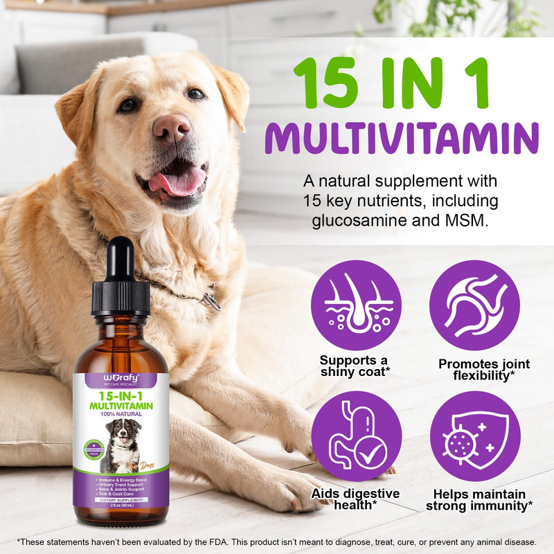 Dog Multivitamin, 15 in 1 Multivitamins for Dogs - Strengthening Immune System & Bones and Joints, Dog Vitamins and Supplements Drops for Supporting Urinary Tract, Skin & Coat 60ml