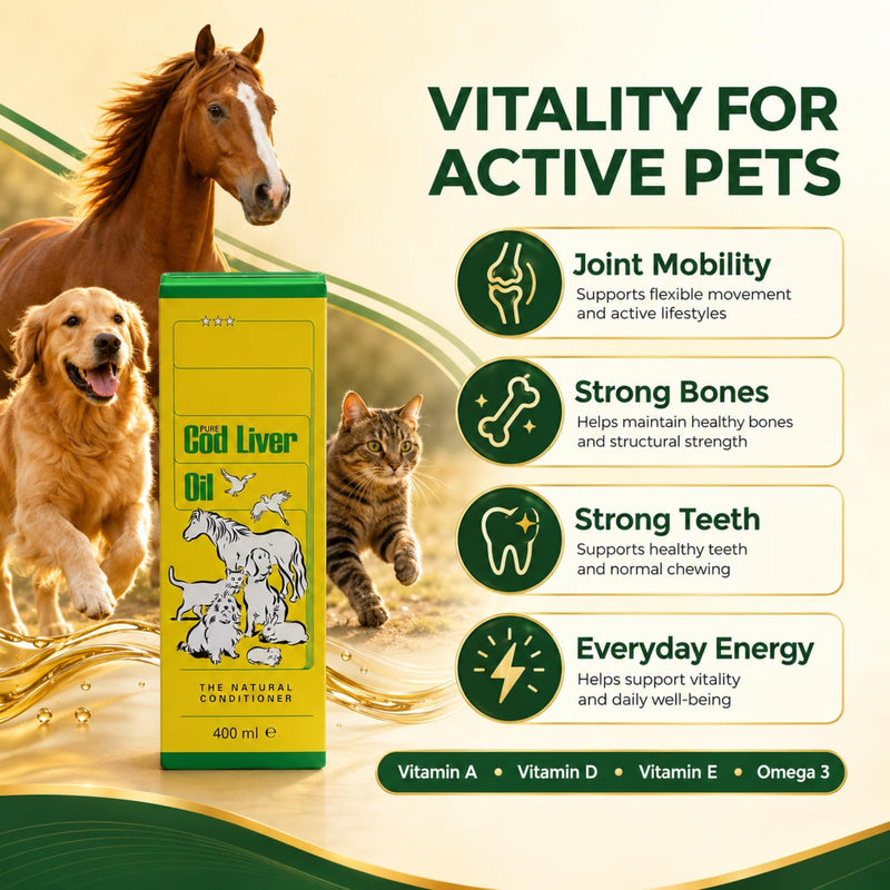 Pure Cod Liver Oil (2 Pack | 450ml each) – Omega 3 Supplement for Horses, Birds, Dogs & Cats – Supports Coat, Skin, Joints & Energy