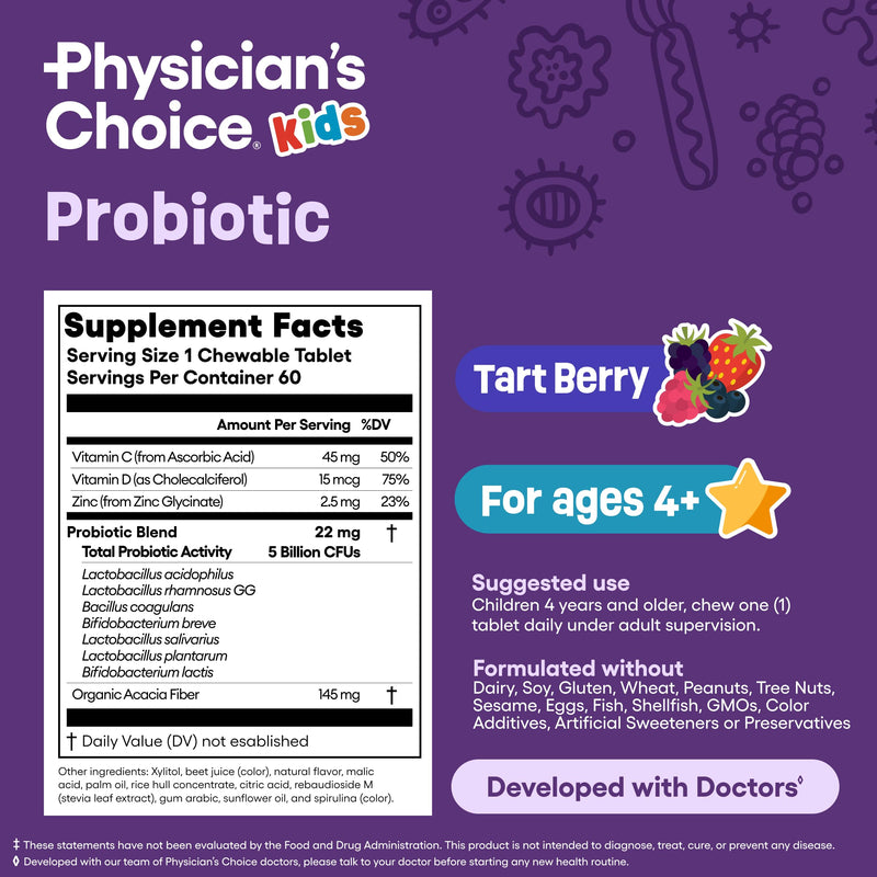 Physician's CHOICE Probiotics for Kids - 7 Diverse Strains, Organic Prebiotics, Vitamins & Minerals - Clinically Studied L. Rhamnosus - Immune & Digestive Support - No Sugar or Artificial Dyes - 60ct Tart Berry 60 Count (Pack of 1)
