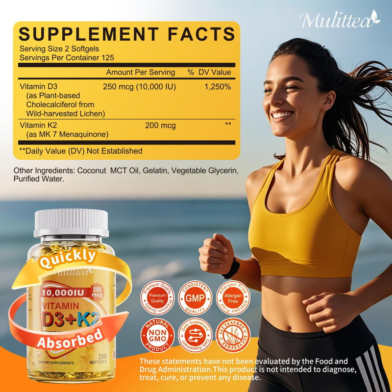 Vitamin D3 K2 10000 IU w/ MK7 for Bone, Immune & Heart Health, 250 Softgels | Plant-Based D3 from Lichen, All-Trans K2 MK7 & Virgin Coconut MCT Oil for Calcium Absorption, Bone & Immune Support 250 Count (Pack of 1)