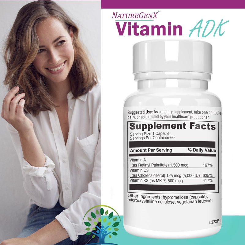 ADK Vitamin Supplement 5000 IU - High Potency Vitamins A, D3, and K2 for Bone Health and Calcium Absorption | Gluten-Free Vitamin ADK Supplement, 60 Day Supply, 60 Capsules 60 Count (Pack of 1) - BeesActive Australia