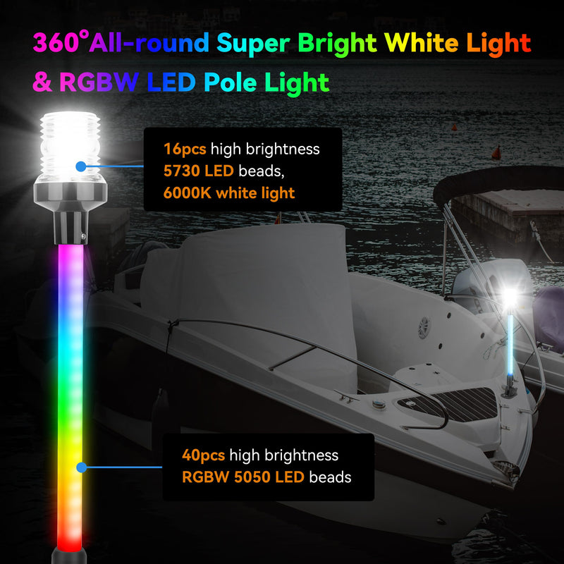 RVZONE 16inch Anchor Light RGBW Boat Stern Light IP67 Waterproof with Remote Control 180°Fold Down Marine Navigation Lights for Boats LED for Pontoon, Jon Boat, Bass Boat, Fishing Boats (16 inch) 16 inch