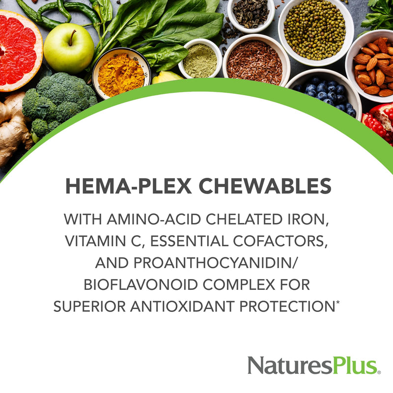 NaturesPlus Hema-Plex Iron - 60 Mixed Berry Chewables - 85 mg Elemental Iron - Total Blood Health - with Vitamin C & Bioflavonoids - Non-GMO, Vegan & Gluten Free - 20 Servings