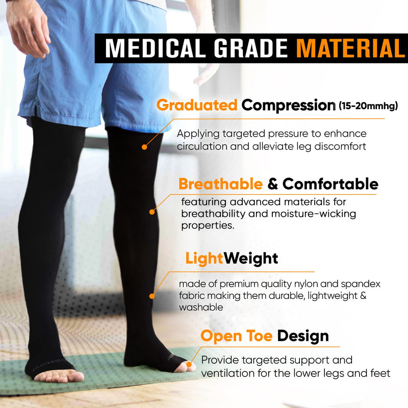 Doc Miller Thigh High Open Toe Compression Stockings 15-20mmHg Large Black