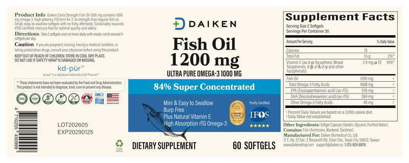 DAIKEN Fish Oil 1200mg, rTG Omega 3 1000mg, Burpless 60 Softgels 2 Packs | Triple Strength EPA, DHA for Heart & Brain- Wild Caught, Mercury Free - Non-GMO, Gluten Free, Third-Party Lab Tested NEW 60 Count (Pack of 2)
