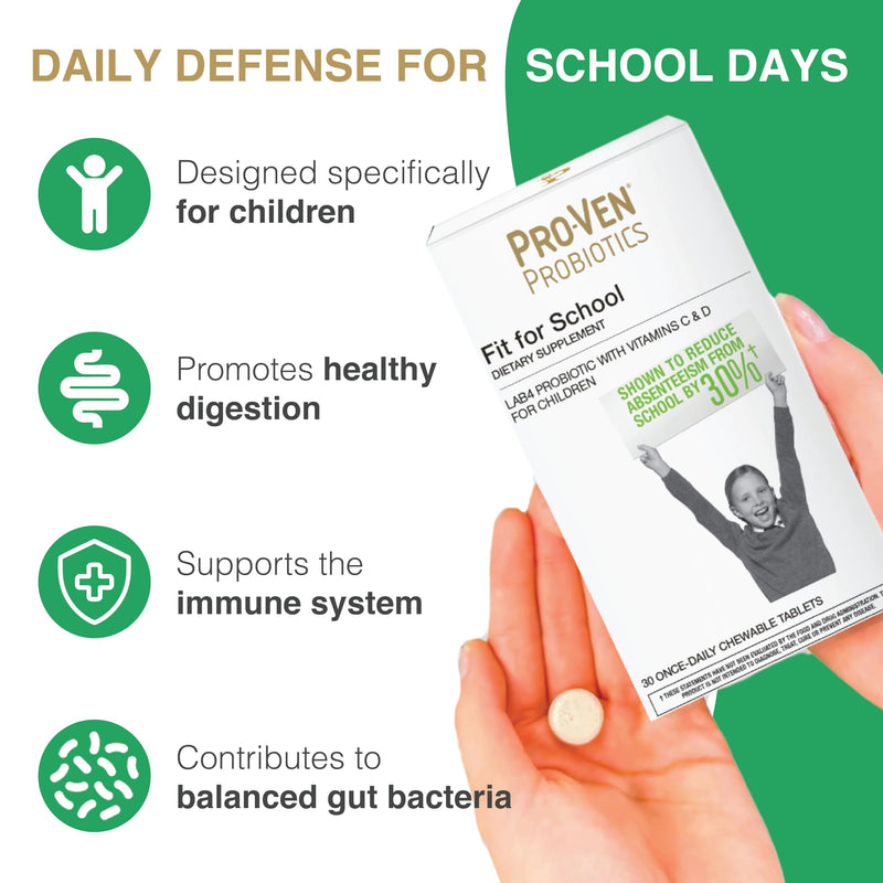 Pro-Ven Fit for School Kids Vitamins Kids Probiotic Chewable Tablets | 12.5 Billion CFUs with Vitamin C & D for Ages 4-16 | Strawberry Flavor | Vegetarian, Gluten & Lactose Free | 30 Daily Tablets