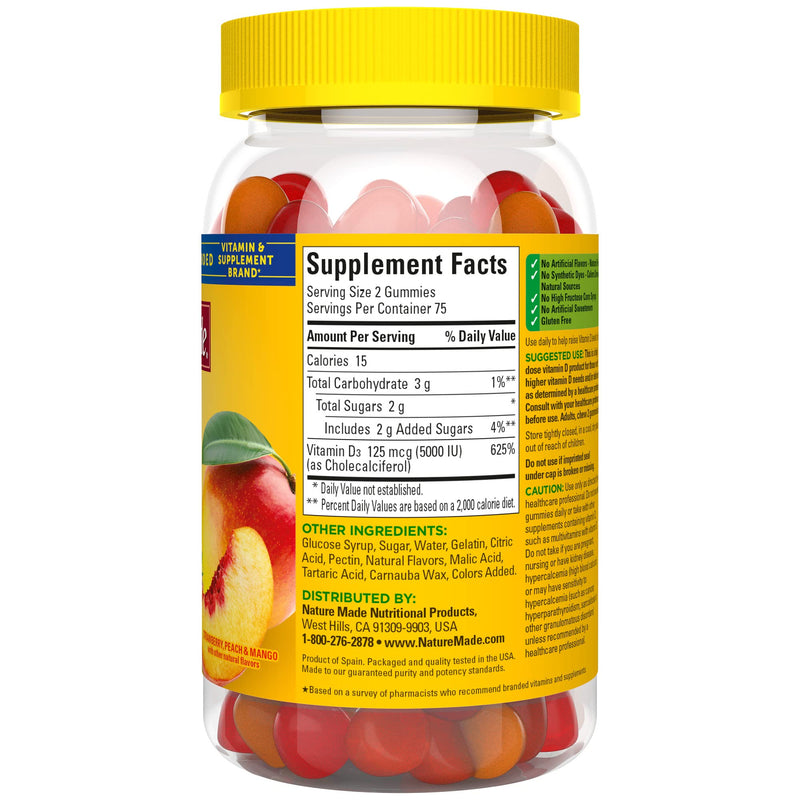 Nature Made Extra Strength Vitamin D3 5000 IU (125 mcg) per serving, Dietary Supplement for Bone, Teeth, Muscle and Immune Health Support, 150 Gummies, 75 Day Supply Strawberry, Peach, Mango 150 Count (Pack of 1) - BeesActive Australia