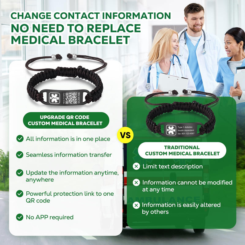 Medical Bracelets for Sport Men Women with QR Code Medical Alert ID Bracelets - Nylon Waterproof Wristband Fits Wrists Up to 7 inches - More Space Custom Emergency Med ID Alert Info New-Black - BeesActive Australia