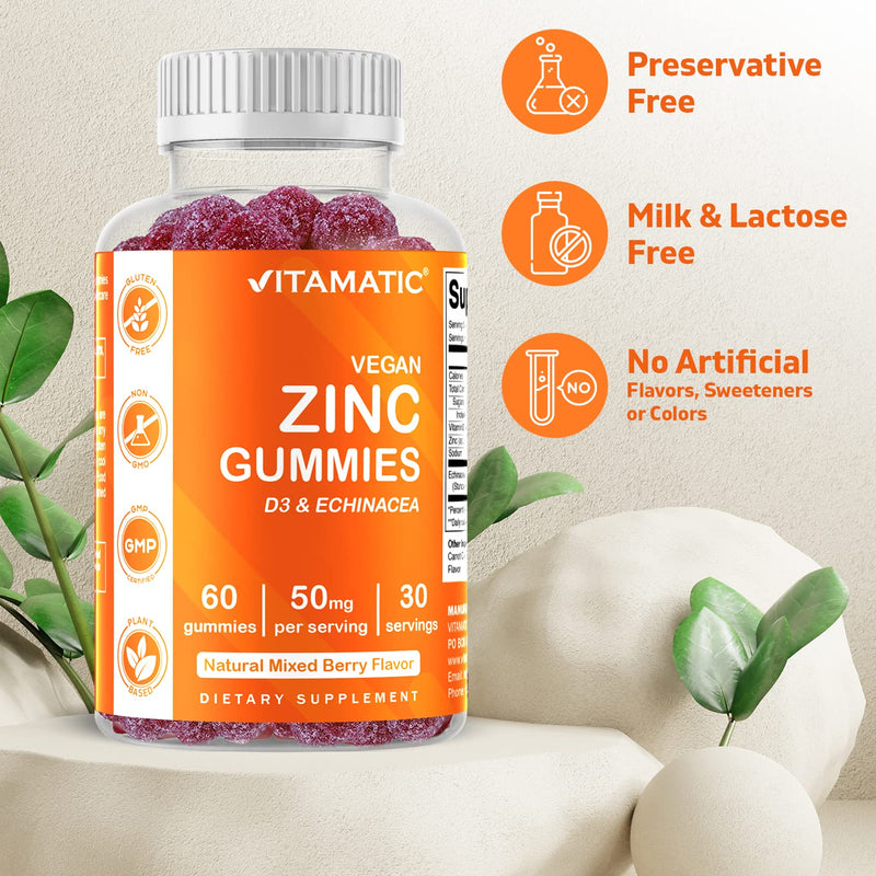 2 Pack - Vitamatic Zinc 50mg Gummies - 60 Vegan Gummies - Gluten Free - Healthy Immune Support for Adults, Men, Women - BeesActive Australia
