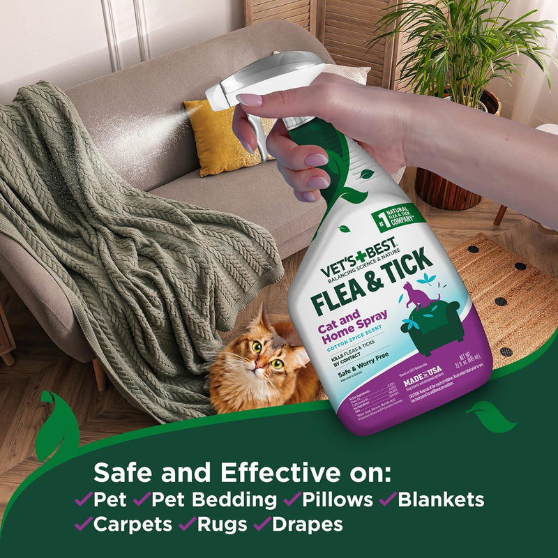 Vet’s Best Flea & Tick Home Spray for Cats – Plant-Based Flea and Tick Treatment with Cotton Spice Scent – Gentle Flea Mist for Indoor Use – Made in USA Natural Cat Flea Control – 32 oz