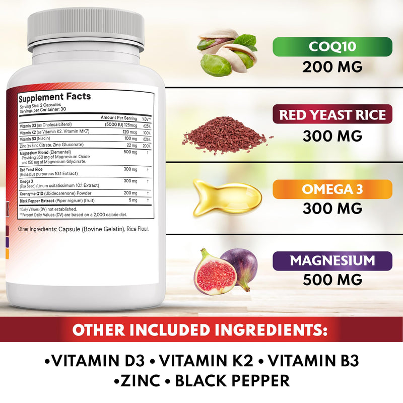 NEW AGE COQ10 200mg Red Yeast Rice, Omega 3, Magnesium Complex, Zinc Vitamin K2 D3 - Heart Health Support Vitamins for Women and Men with Vitamin B3, Coenzyme Q10-60 Count 60 Capsules (Pack of 1)
