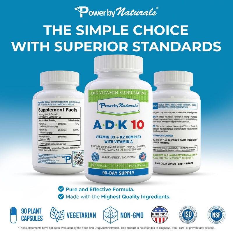 Power By Naturals ADK Vitamin Supplement – Vitamins A, D3 250 mcg & K2 MK-7 for Bone & Immune Health – Gluten-Free, Soy-Free – 180 Capsules, 2-Pack (6-Month Supply) 90 Count (Pack of 2)