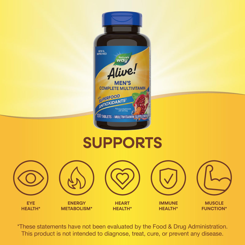 Nature's Way Alive! Men's Complete Daily Multivitamin, 130 ct | Supports Energy Metabolism* and Muscle Function*, with B-Vitamins and Superfood Antioxidants(1), Gluten-Free, Dairy-Free 130 Count (Pack of 1)