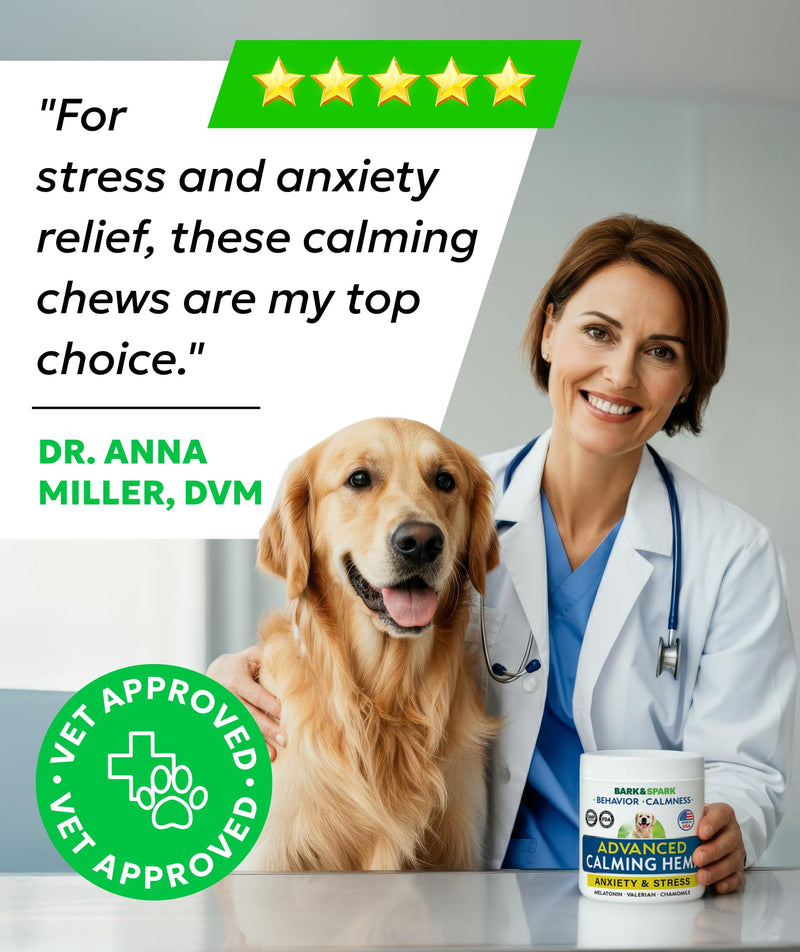 BARK&SPARK Advanced Calming Chews for Dogs - Separation Anxiety Relief for Dogs w/Hemp Oil + Melatonin - Relief During Fireworks, Storms - Aggressive Behavior, Barking, Stress Aid - 90Chews 90Ct Calming Chews (Anxiety & Stress)