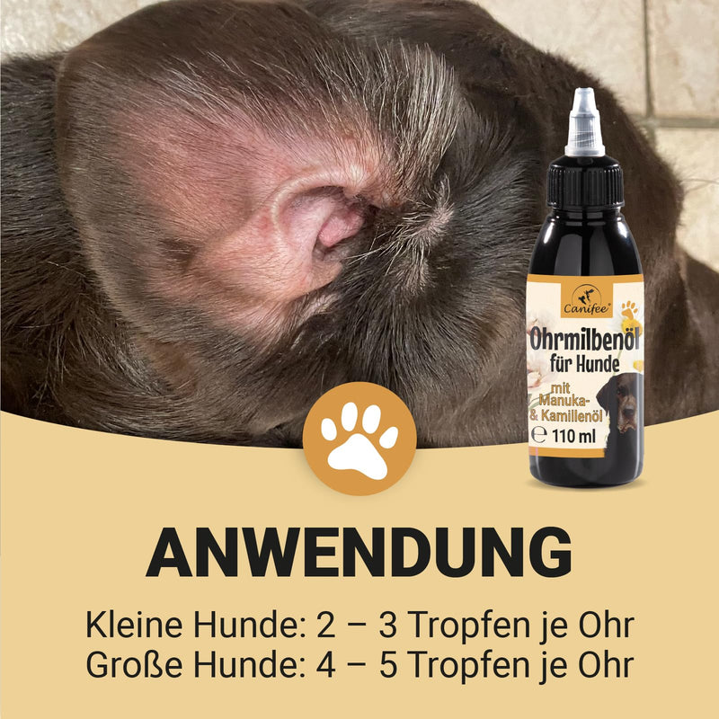 Canifee - Ear drops for dogs ear mite oil dog with manuka oil for yeast fungus and ear mites dog, 110ml bottle with finely adjustable dosing head, natural care oil against inflammation ear mite oil 110ml - BeesActive Australia
